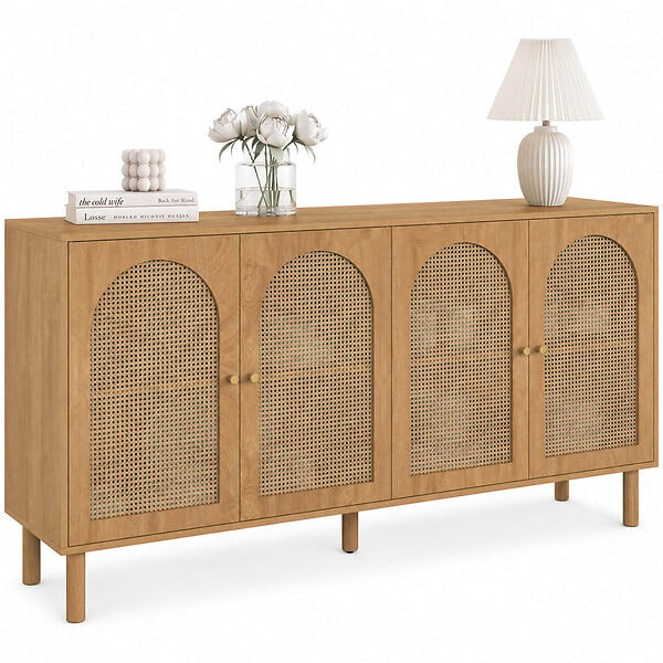 ID MARKET - Buffet 160 cm VLORA 4 portes forme arche bois et cannage - large