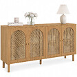 ID MARKET - Buffet 160 cm VLORA 4 portes forme arche bois et cannage - vignette