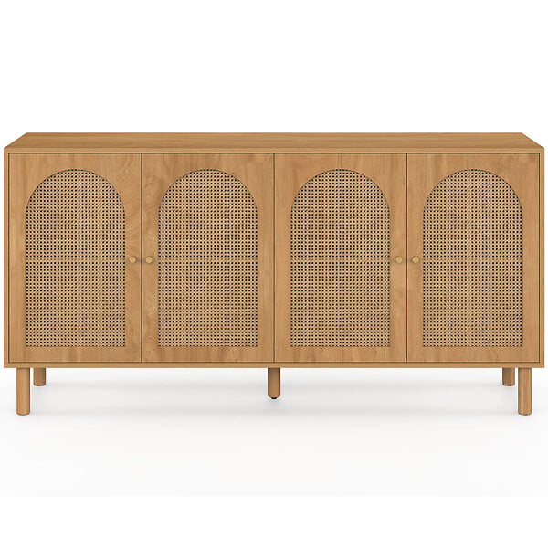 ID MARKET - Buffet 160 cm VLORA 4 portes forme arche bois et cannage - large