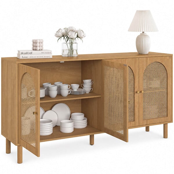 ID MARKET - Buffet 160 cm VLORA 4 portes forme arche bois et cannage - large