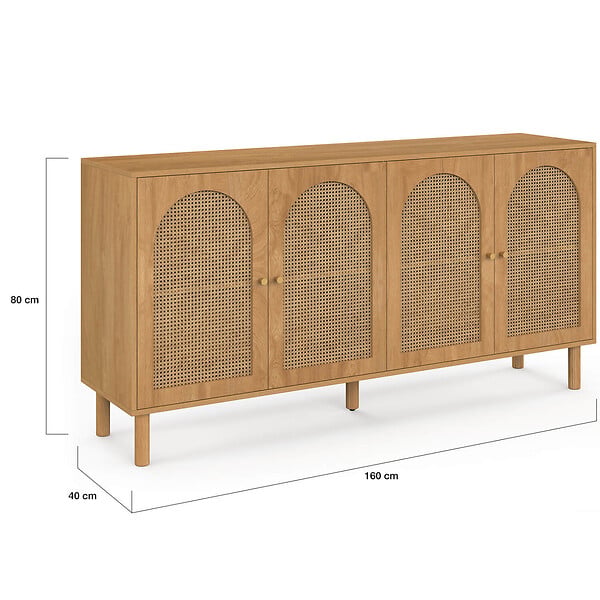 ID MARKET - Buffet 160 cm VLORA 4 portes forme arche bois et cannage - large