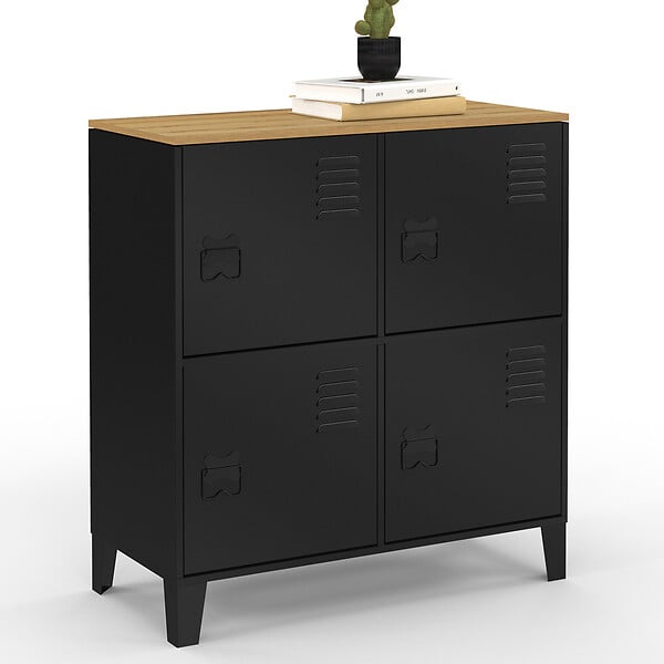 ID MARKET - Buffet d'appoint casier 70 cm ESTER 4 portes en métal noir plateau bois design industriel - large