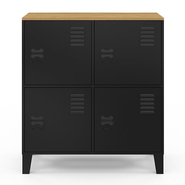 ID MARKET - Buffet d'appoint casier 70 cm ESTER 4 portes en métal noir plateau bois design industriel - large