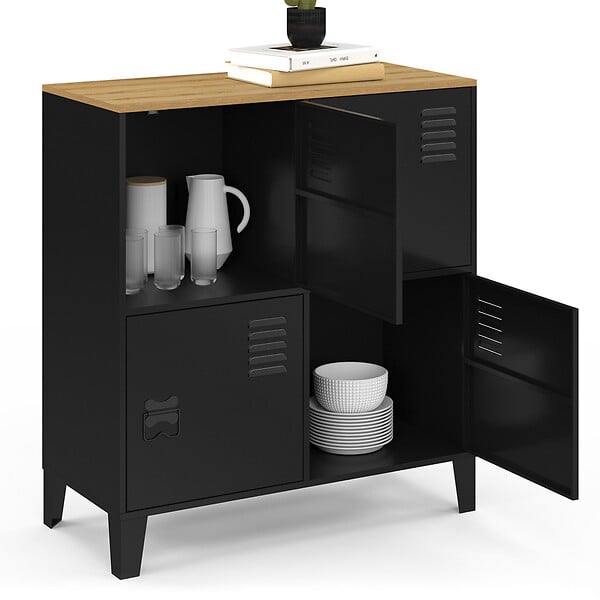 ID MARKET - Buffet d'appoint casier 70 cm ESTER 4 portes en métal noir plateau bois design industriel - large