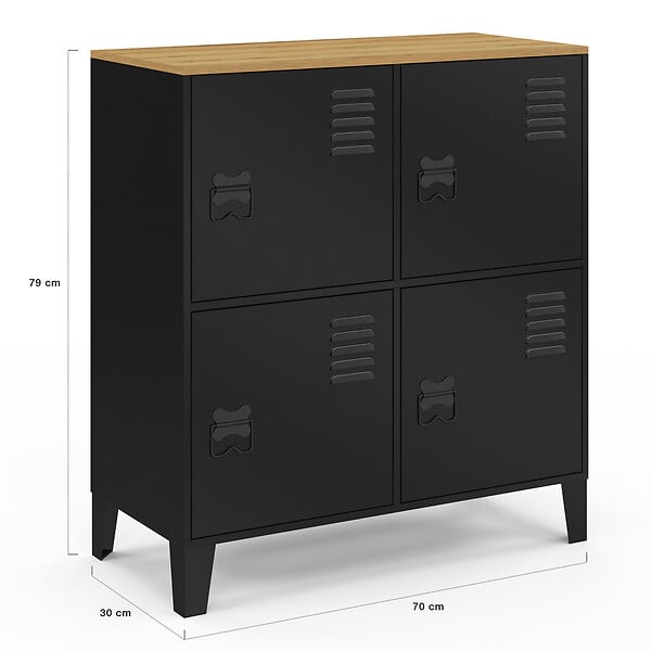 ID MARKET - Buffet d'appoint casier 70 cm ESTER 4 portes en métal noir plateau bois design industriel - large