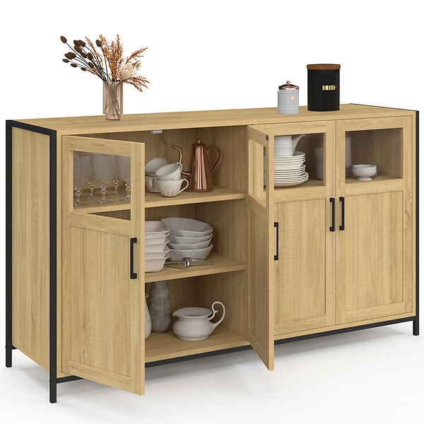 ID MARKET - Buffet 140 cm DETROIT 4 portes avec vitrines design industriel - large