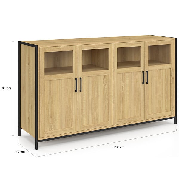 ID MARKET - Buffet 140 cm DETROIT 4 portes avec vitrines design industriel - large