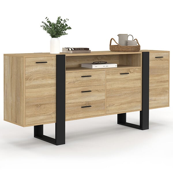 ID MARKET - Buffet 180 cm PHOENIX XXL 3 portes et 3 tiroirs avec niche bois et noir - large