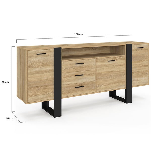 ID MARKET - Buffet 180 cm PHOENIX XXL 3 portes et 3 tiroirs avec niche bois et noir - large