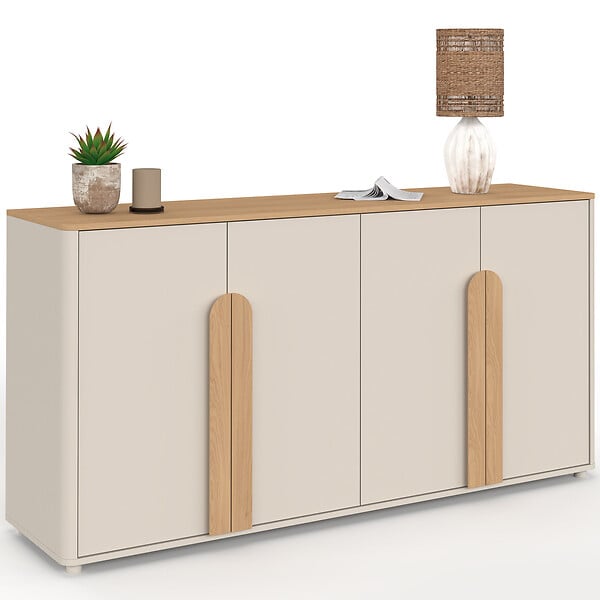 ID MARKET - Buffet 160 cm TIRANA 4 portes avec grandes poignées beige et bois clair - large
