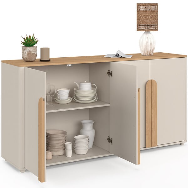 ID MARKET - Buffet 160 cm TIRANA 4 portes avec grandes poignées beige et bois clair - large