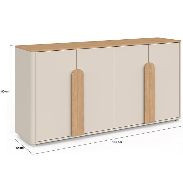 ID MARKET - Buffet 160 cm TIRANA 4 portes avec grandes poignées beige et bois clair - large