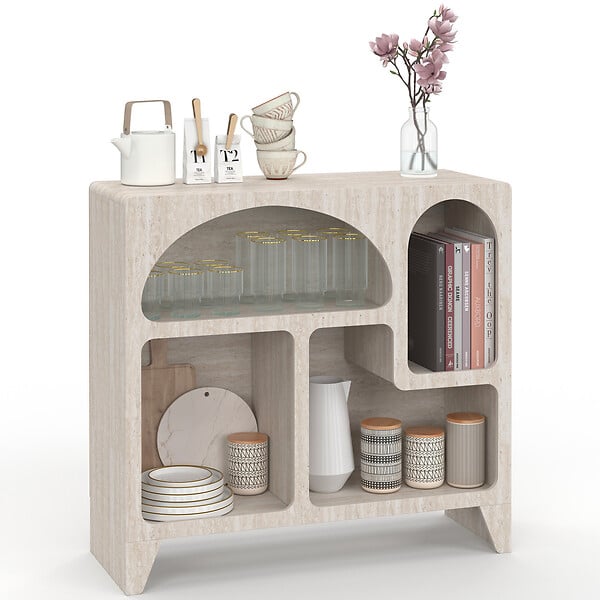 ID MARKET - Buffet organique 80 cm ALESIA 4 niches meuble de rangement effet travertin - large