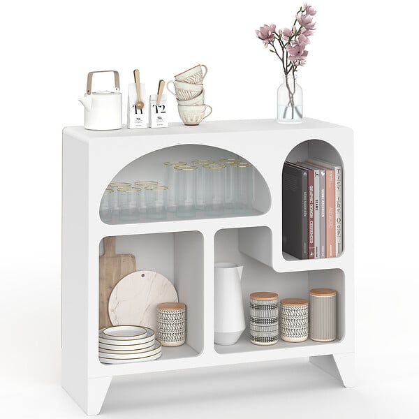 ID MARKET - Buffet organique 80 cm ALESIA bois blanc meuble de rangement 4 niches - large