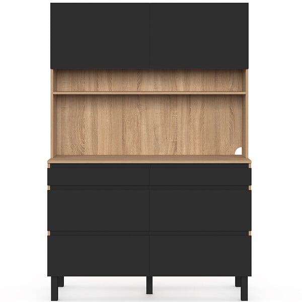 ID MARKET - Buffet double casserolier de cuisine 120 cm CLAUDE 6 tiroirs + 1 placard bois et noir - large