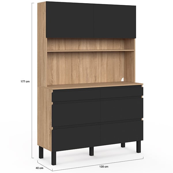ID MARKET - Buffet double casserolier de cuisine 120 cm CLAUDE 6 tiroirs + 1 placard bois et noir - large