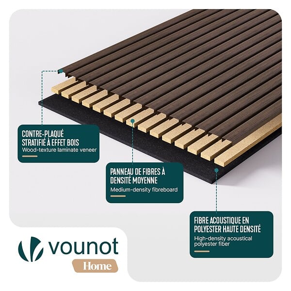 VOUNOT - Lot de 6 panneaux acoustiques muraux Tasseaux en bois MDF avec feutre noir 120x60x2.1cm chêne foncé - large