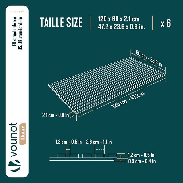 VOUNOT - Lot de 6 panneaux acoustiques muraux Tasseaux en bois MDF avec feutre noir 120x60x2.1cm chêne blanc - large