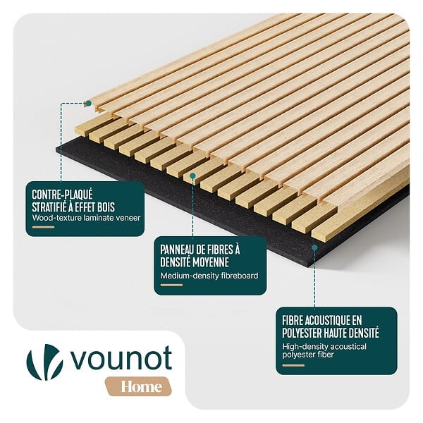 VOUNOT - Lot de 6 panneaux acoustiques muraux Tasseaux en bois MDF avec feutre noir 120x60x2.1cm chêne blanc - large