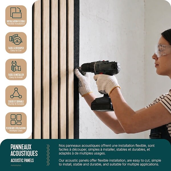 VOUNOT - Lot de 6 panneaux acoustiques muraux Tasseaux en bois MDF avec feutre noir 120x60x2.1cm chêne blanc - large