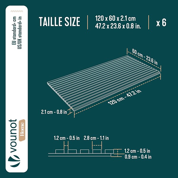 VOUNOT - Lot de 6 panneaux acoustiques muraux Tasseaux en bois MDF avec feutre noir 120x60x2.1cm chêne clair - large