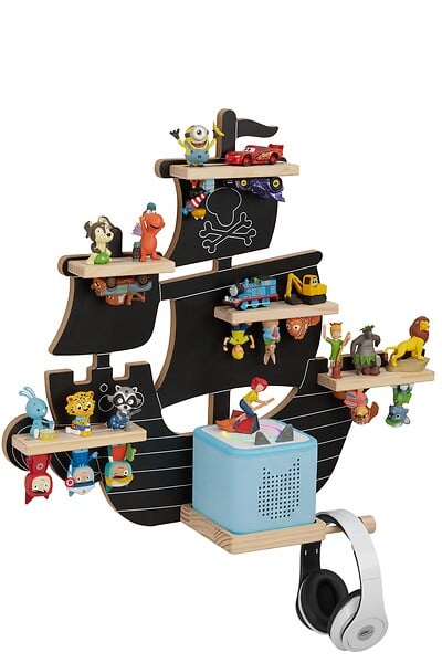 TECTAKE - Étagère murale décorative pirate en bois, pour 40 figurines, magnétique, support inclus, noir, 66,5 x 16,5 x 57 cm - large