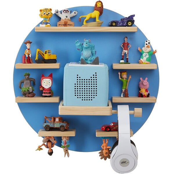TECTAKE - Étagère murale pour 28 figurines, magnétique, adaptée aux toniebox 1 et 2, avec support écouteurs, suspension invisible, bleu, 44,5 x 16,5 cm - large