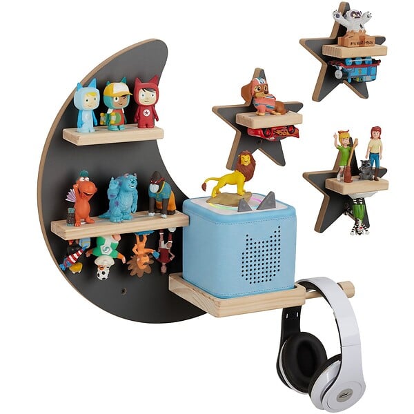 TECTAKE - Étagère murale pour 25 figurines magnétique avec bandes métalliques double face gris anthracite adaptée toniebox 1 et 2 support pour écouteurs inclus - large