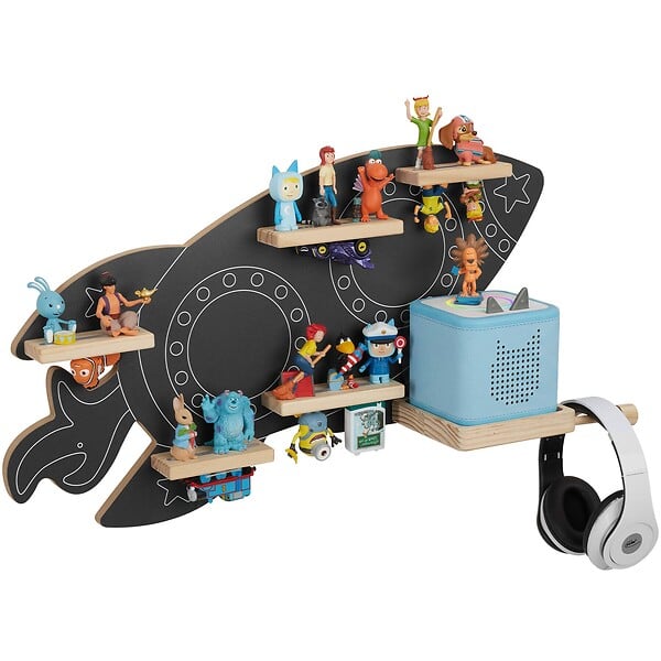 TECTAKE - Étagère murale magnétique, pour 40 figurines, bandes métalliques double face, gris anthracite, support écouteurs inclus - large