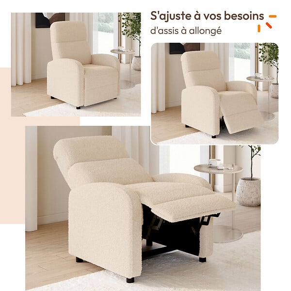 ID MARKET - Fauteuil relax CALEB en tissu bouclette beige avec dossier inclinable et repose pieds - large