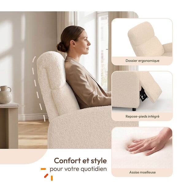 ID MARKET - Fauteuil relax CALEB en tissu bouclette beige avec dossier inclinable et repose pieds - large