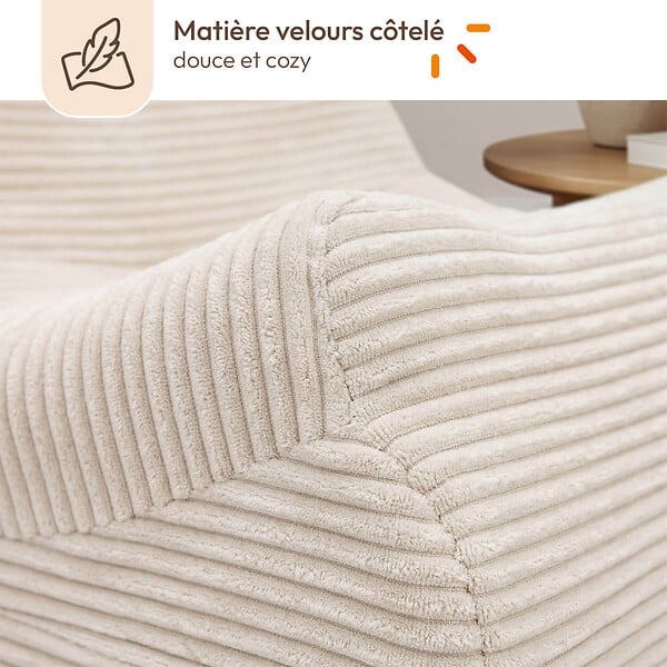 ID MARKET - Fauteuil chauffeuse compressé BILLY modulable 1 place velours côtelé beige - large
