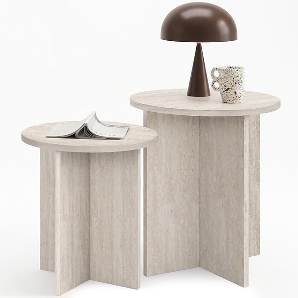 ID MARKET - Lot de 2 tables d'appoint rondes, table basse, bouts de canapé, tables de chevet MARTHE 35/40 cm bois effet travertin - large