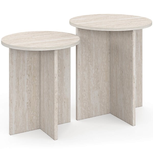 ID MARKET - Lot de 2 tables d'appoint rondes, table basse, bouts de canapé, tables de chevet MARTHE 35/40 cm bois effet travertin - large
