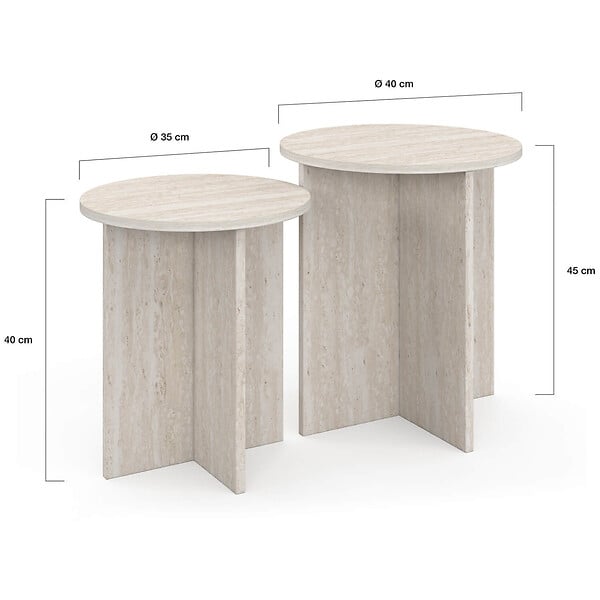 ID MARKET - Lot de 2 tables d'appoint rondes, table basse, bouts de canapé, tables de chevet MARTHE 35/40 cm bois effet travertin - large