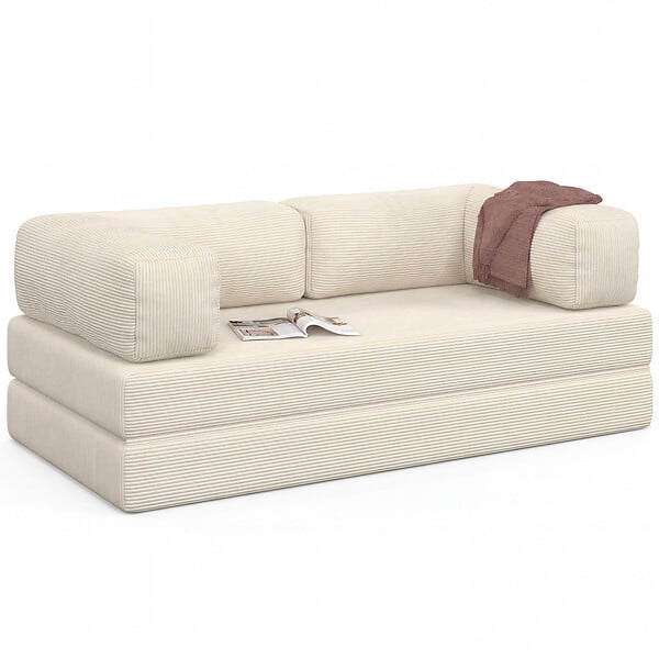 ID MARKET - Canapé droit 3 places convertible NATOU en velours côtelé beige - large