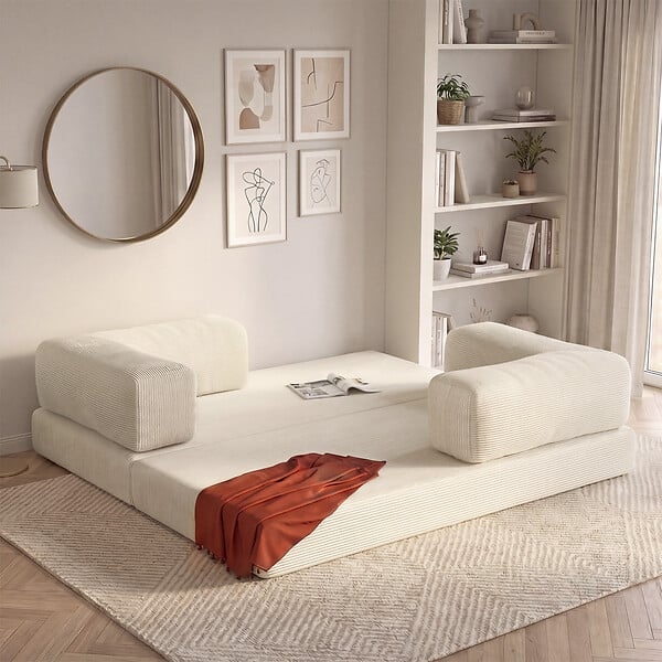 ID MARKET - Canapé droit 3 places convertible NATOU en velours côtelé beige - large