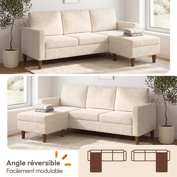 ID MARKET - Canapé d'angle réversible 3 places MARIUS 200 cm en tissu chenille beige - large