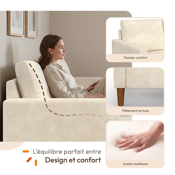 ID MARKET - Canapé d'angle réversible 3 places MARIUS 200 cm en tissu chenille beige - large