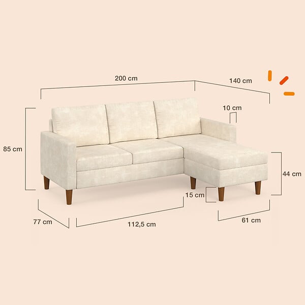 ID MARKET - Canapé d'angle réversible 3 places MARIUS 200 cm en tissu chenille beige - large