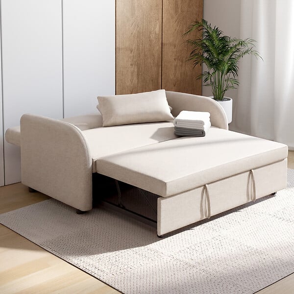 ID MARKET - Canapé droit 2 places convertible NOAH en tissu beige - large
