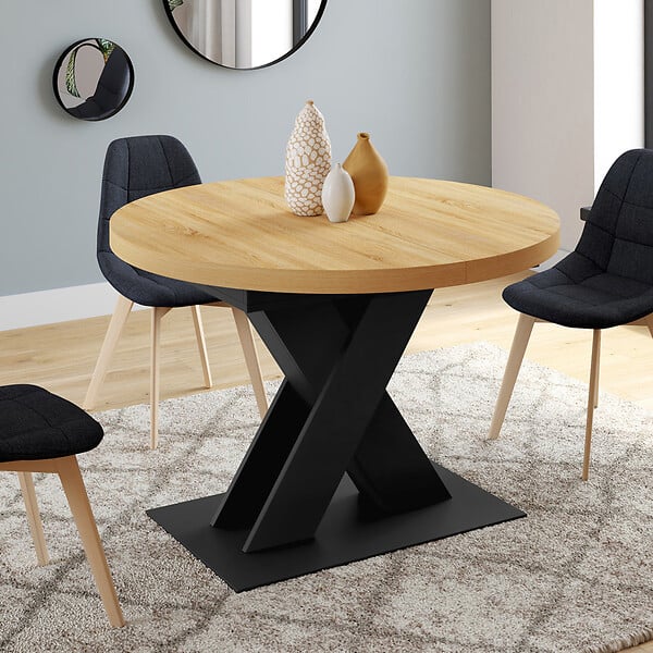 ID MARKET - Table à manger extensible ronde ALICIA 4-8 personnes bois et noir 110 - 150 cm - large