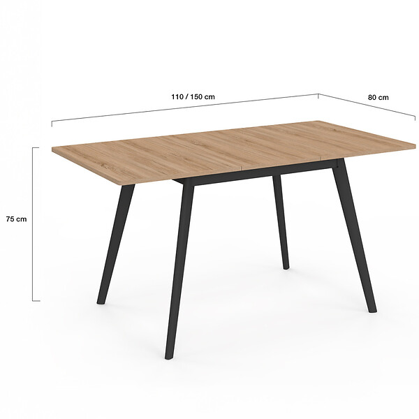 ID MARKET - Table scandinave extensible rectangle INGA 4-8 personnes plateau bois pieds noirs 110-150 cm - large