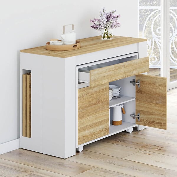 ID MARKET - Table buffet extensible ORLANDO 14 personnes 285 cm bois blanc façon hêtre - large