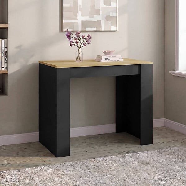 ID MARKET - Table console extensible ORLANDO 6 personnes 140 cm bois noir et façon hêtre - large