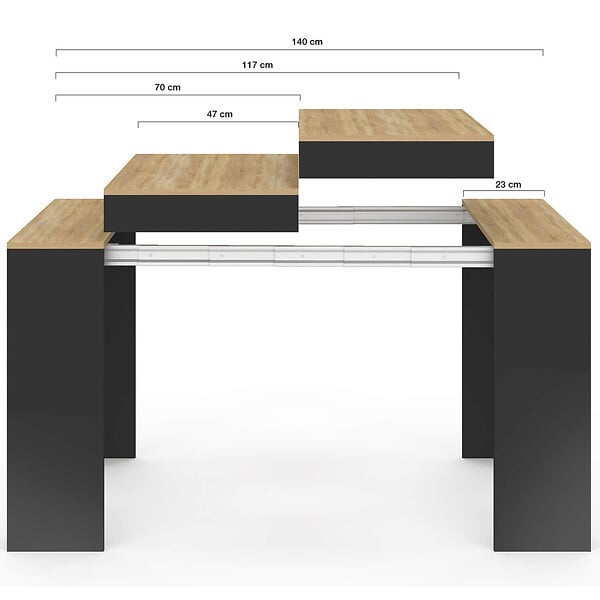 ID MARKET - Table console extensible ORLANDO 6 personnes 140 cm bois noir et façon hêtre - large