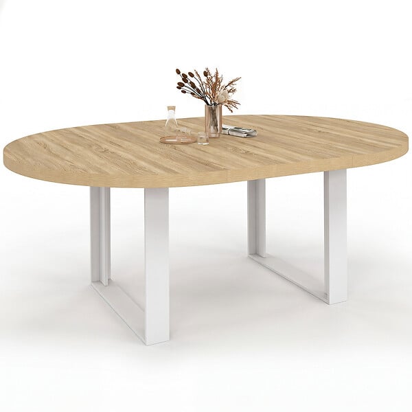 ID MARKET - Table à manger extensible ronde PHOENIX 6-10 personnes bois et blanc 140-200 cm - large