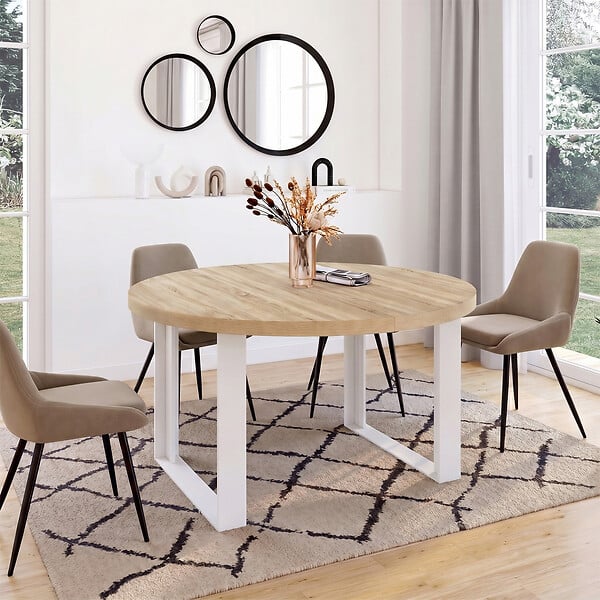 ID MARKET - Table à manger extensible ronde PHOENIX 6-10 personnes bois et blanc 140-200 cm - large