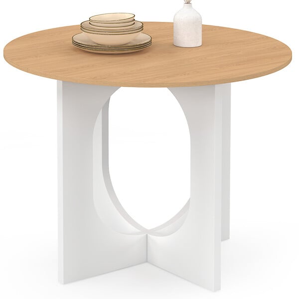 ID MARKET - Table à manger fixe ronde ALOISE 4 personnes pied arc blanc et bois 80 cm - large