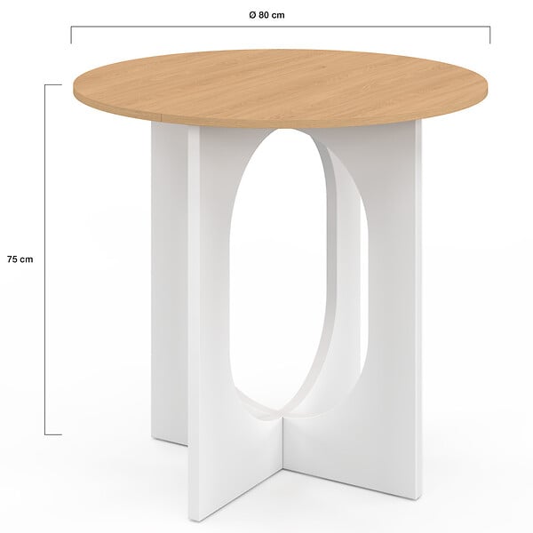 ID MARKET - Table à manger fixe ronde ALOISE 4 personnes pied arc blanc et bois 80 cm - large